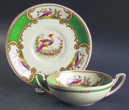 Chelsea Bird Green (No Enamel) Flat Cream Soup Bowl & Saucer Set