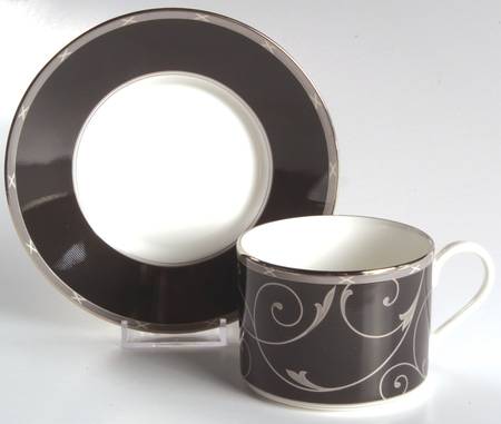 Elegant Scroll Black Flat Cup & Saucer Set