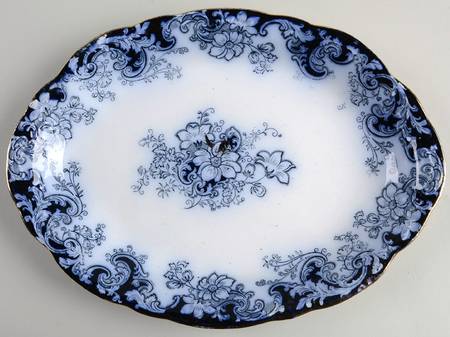 Ormonde Flow Blue (Gold Trim and Embossed) 10" Oval Serving Platter