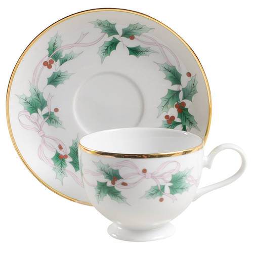 Christmas Holly Footed Cup & Saucer Set