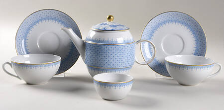 Cornflower Blue Lace Tea for Two (Teapot, 2 Cup/Saucer, Tea Bag Holder)
