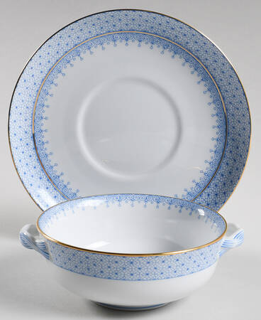 Cornflower Blue Lace Flat Cream Soup Bowl & Saucer Set