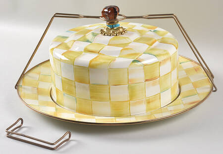 Parchment Check (Enamelware) Metal Cake Safe (16" Chop/Round Platter) & Lid with Carrier Handle