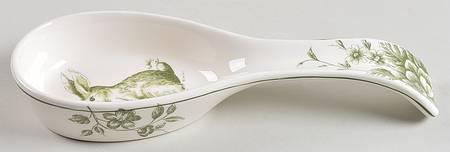 Green and White Toile Spoon Rest/Holder (Holds 1 Spoon)