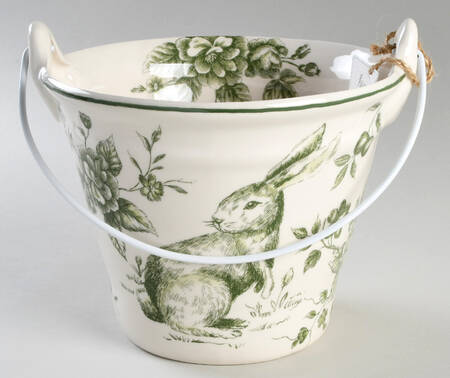 Green and White Toile 7" Handled Basket