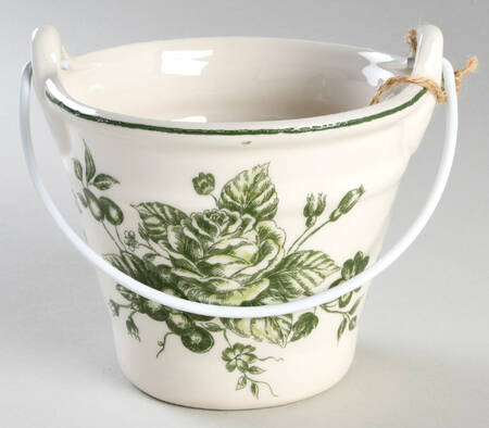 Green and White Toile 5" Handled Basket