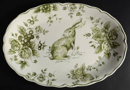 Green and White Toile 14" Oval Serving Platter