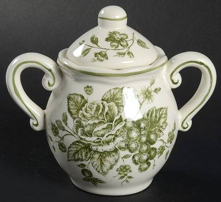 Green and White Toile Sugar Bowl & Lid