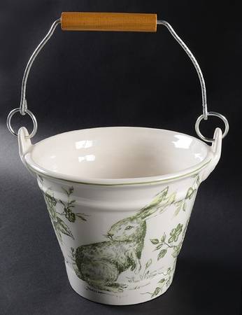 Green and White Toile 6" Handled Basket
