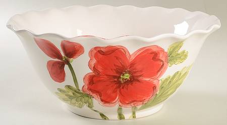 Cream Poppies 12" Round Serving Bowl