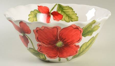 Cream Poppies 10" Round Serving Bowl