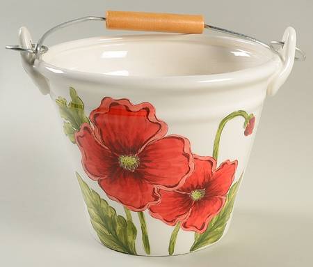 Cream Poppies 6" Handled Basket