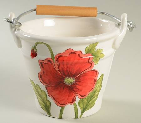 Cream Poppies 4" Handled Basket