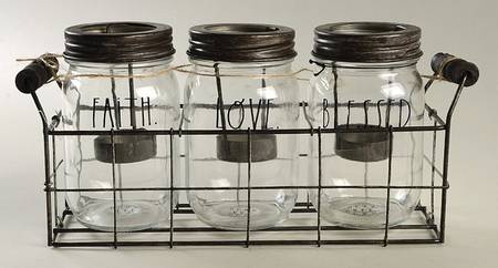 Farmhouse Tea Light Set (3 Glass Jars & Metal Holder)