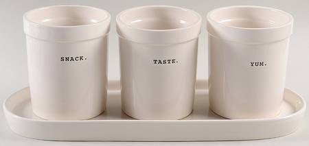Rae Dunn Kitchenware Flatware Caddy (3 Motif Holders & Tray)