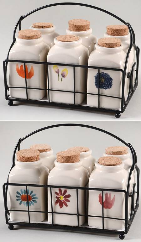 Bloom Flowers (Set of 6 Motifs) Small Spice Jars & Metal Holder