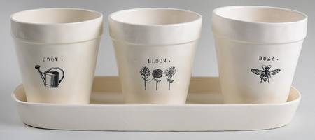 Rae Dunn Giftware Planter Set (3) 4" Motif Planters (7-9) & Tray
