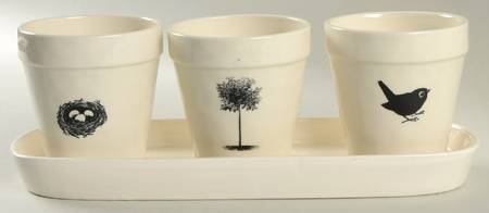 Rae Dunn Giftware Planter Set (3) 4" Motif Planters (16-18) & Tray