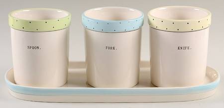 Polka Dot Band and Type Print Flatware Caddy (3 Motif Holders & Tray)