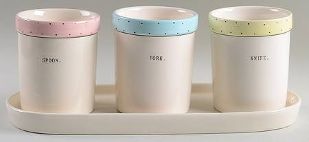 Polka Dot Band and Type Print Flatware Caddy (3 Motif Holders & Tray)