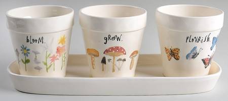 Bloom Flowers Planter Set (3) 4" Motif Planters (1-3) & Tray