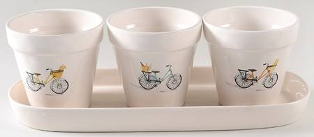 Bicycle and Basket Planter Set (3) 4" Motif Planters (1-3) & Tray