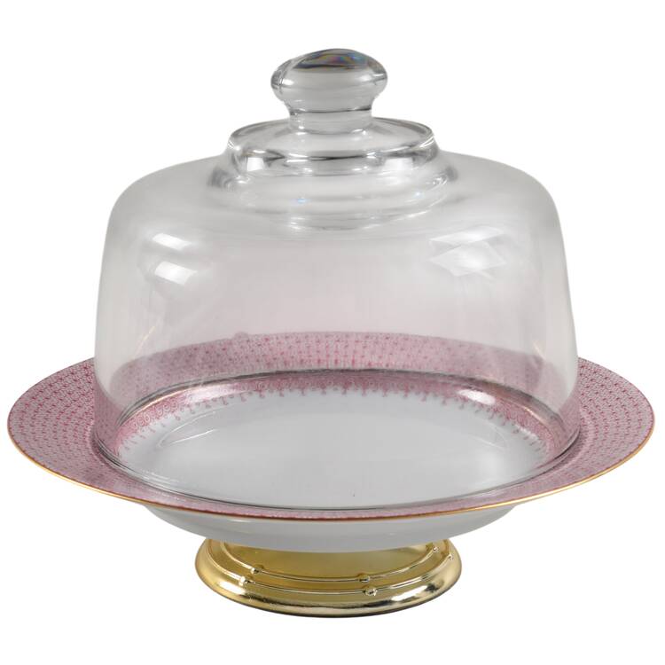 Pink Lace 6 1/2"-7 1/2" Footed Cheese Plate w/ Glass Dome HC