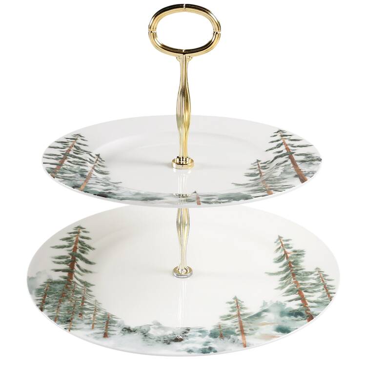 Watercolor Forest 6 5/8"-10"  2 Tiered Serving Tray (Dp, Sp) HC