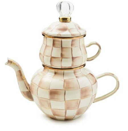 Mocha Check (Enamelware) (3 Piece) High Tea Set (Teapot & Cup no Saucer)