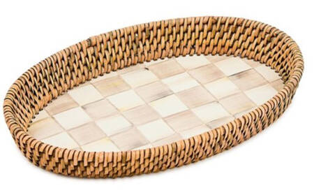 Mocha Check (Enamelware) 11" Oval Metal & Rattan Tray