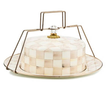 Mocha Check (Enamelware) Metal Cake Safe (16" Chop/Round Platter) & Lid with Carrier Handle
