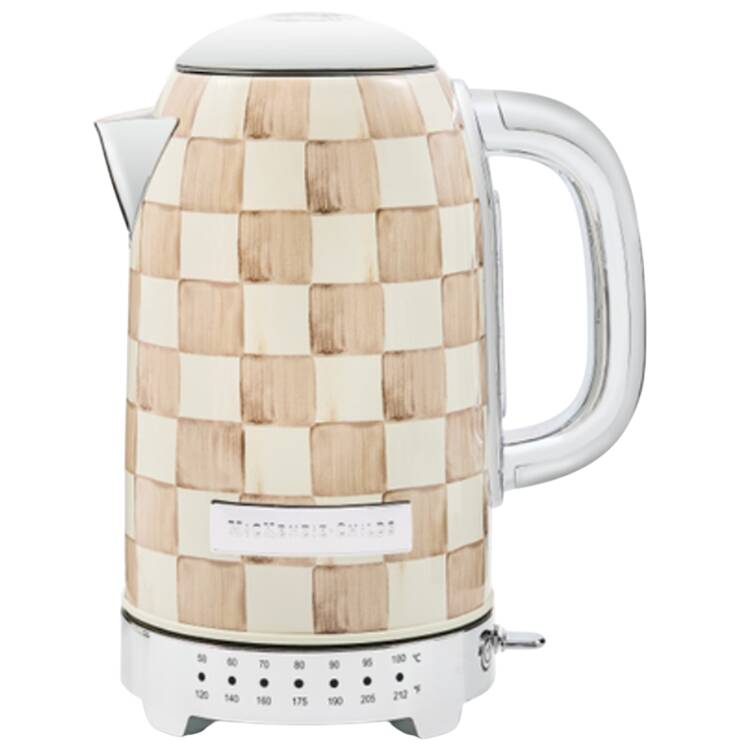 Mocha Check (Enamelware) Electric Kettle with Hinged Lid & Base