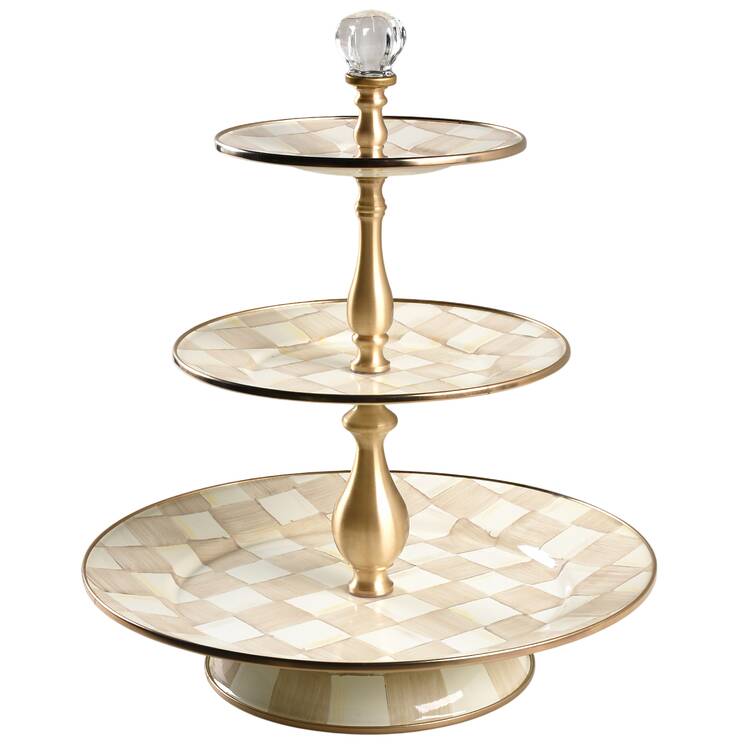 Mocha Check (Enamelware) 3 Tier Serving Tray