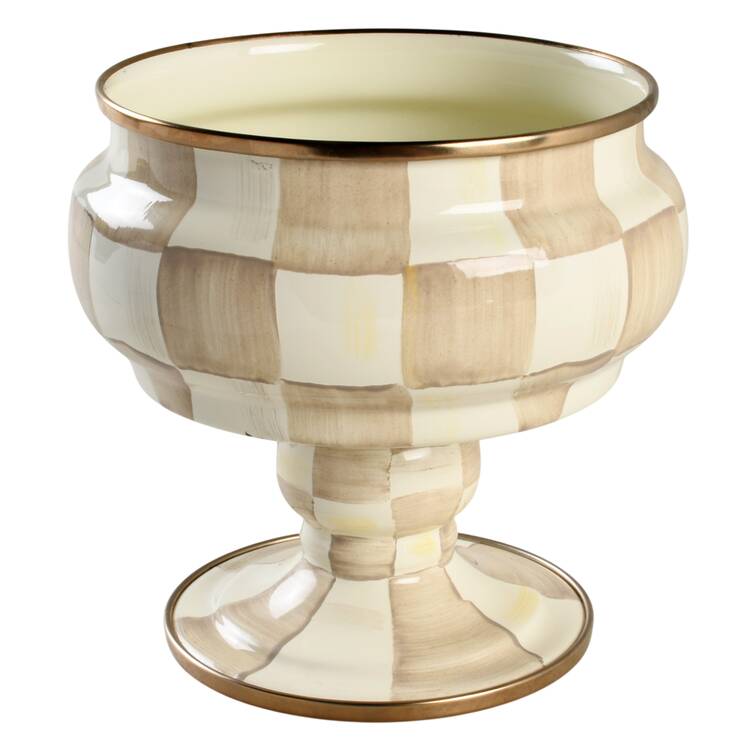 Mocha Check (Enamelware) Pedestal Candy Box, No Lid