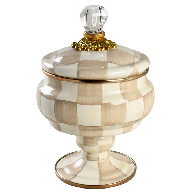 Mocha Check (Enamelware) Pedestal Candy Box with Lid