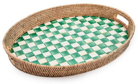 Emerald Check 25" Oval Metal & Rattan Tray