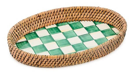 Emerald Check 11" Oval Metal & Rattan Tray