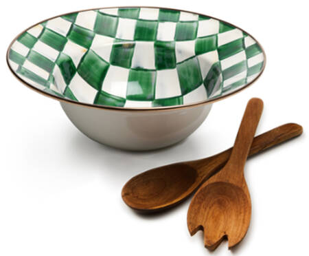 Emerald Check 12" Salad Bowl & Wood Serving Set