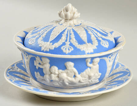 Parian Ware Sauce Boat & Lid & Underplate by T J & J Mayer (England)