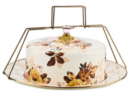 Wild Rose-White (Enamelware) Metal Cake Safe (16" Chop/Round Platter) & Lid with Carrier Handle