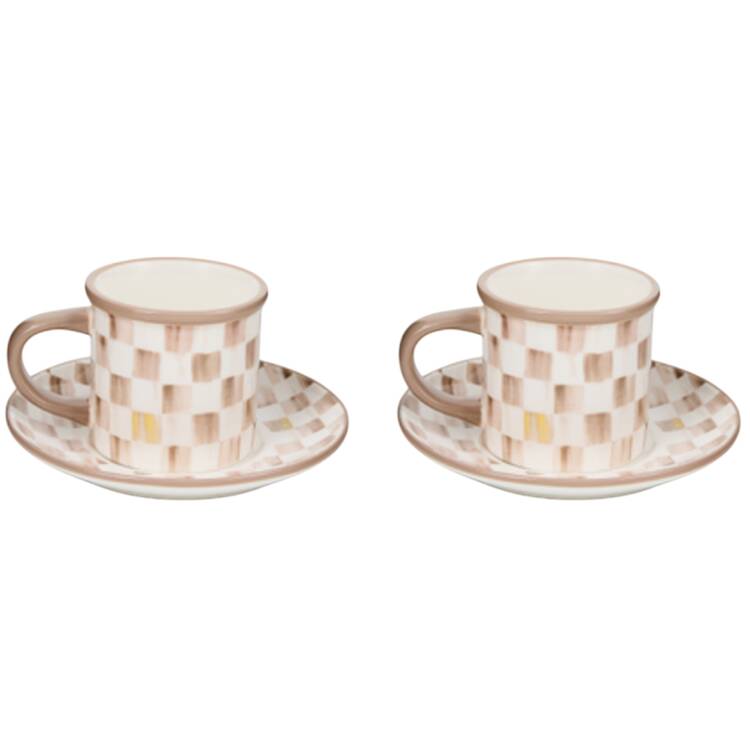 Mocha Check (Ceramic) Espresso Cup & Saucer Set - Set of 2