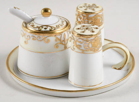 175 (6 Pc) Salt & Pepper, Mustard & Lid w/Spoon & Tray