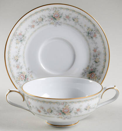 Applique Footed Cream Soup Bowl & Cup Saucer Set