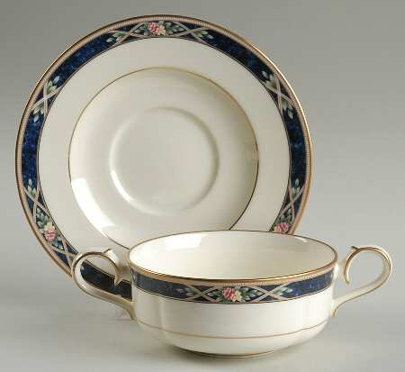 Azure Garden Flat Cream Soup Bowl & Cup Saucer Set