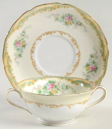 Larue (Gold Trim) Footed Cream Soup Bowl & Saucer Set