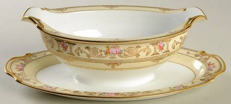 Laurel (Cream Border, Flowers) Gravy Boat with Attached Underplate