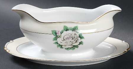 White Rose Gravy Boat with Attached Underplate