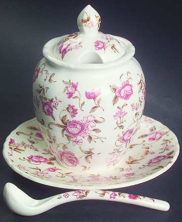Rose Garden Jam/Jelly & Lid w/Attached Underplate & Spoon