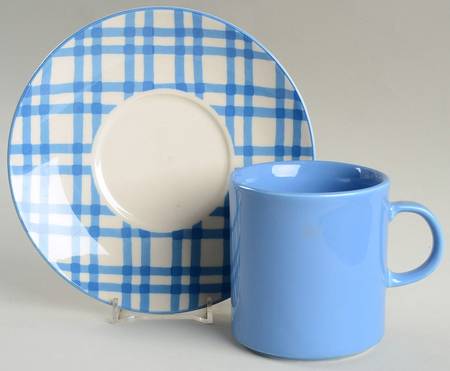 Blue Gingham Flat Cup & Saucer Set