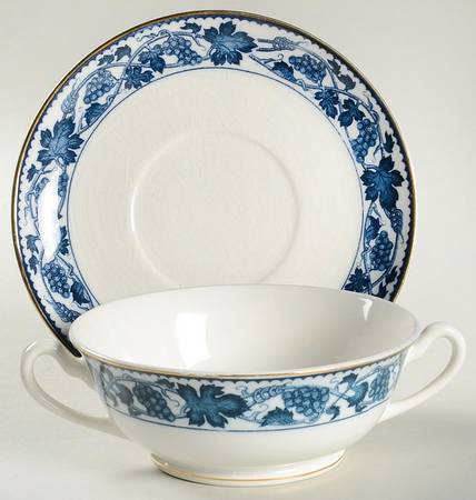 Blue Grape Footed Cream Soup Bowl & Saucer Set